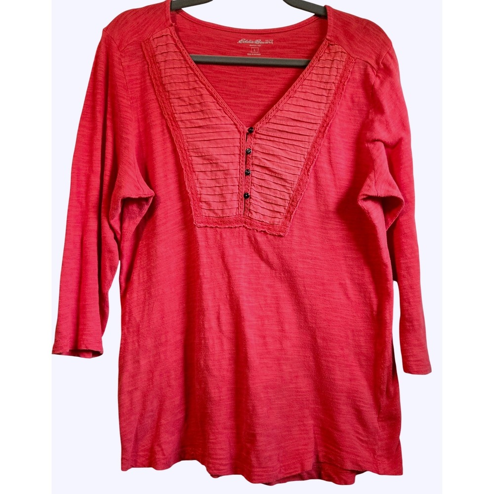 Eddie Bauer Women's Large Red Cotton Slub Pleated Henley Top 3/4 Sleeve